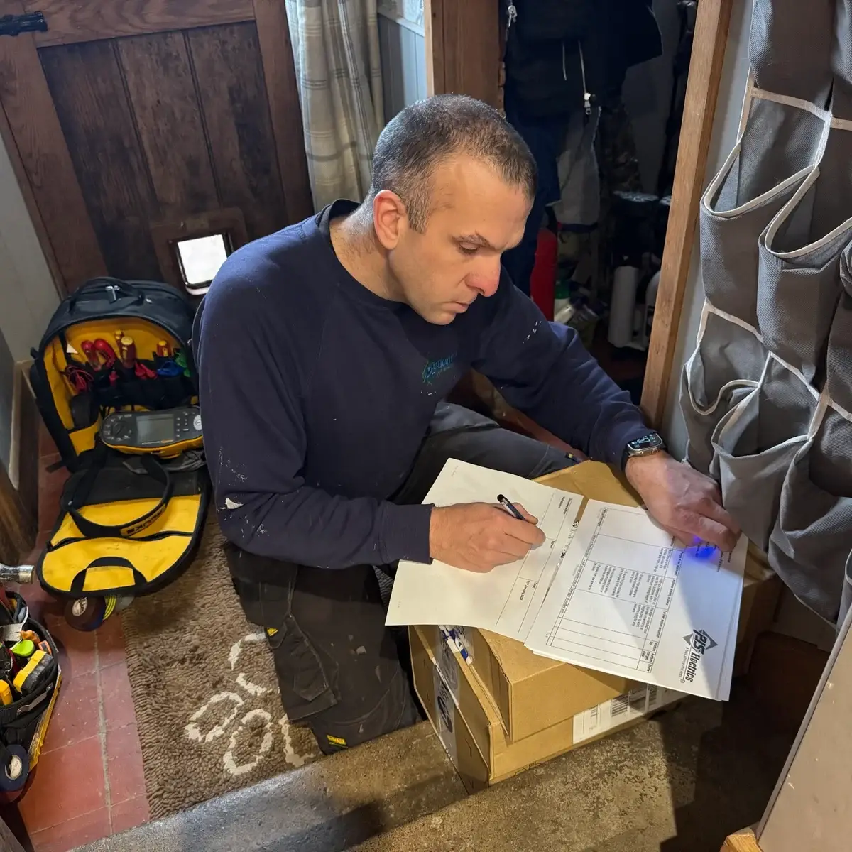 Electrician completing electrical test certificate paperwork