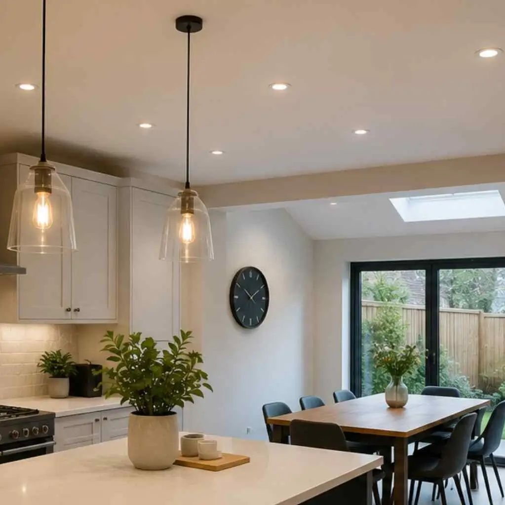 Kitchen lighting with ceiling downlights and pendant lights over island